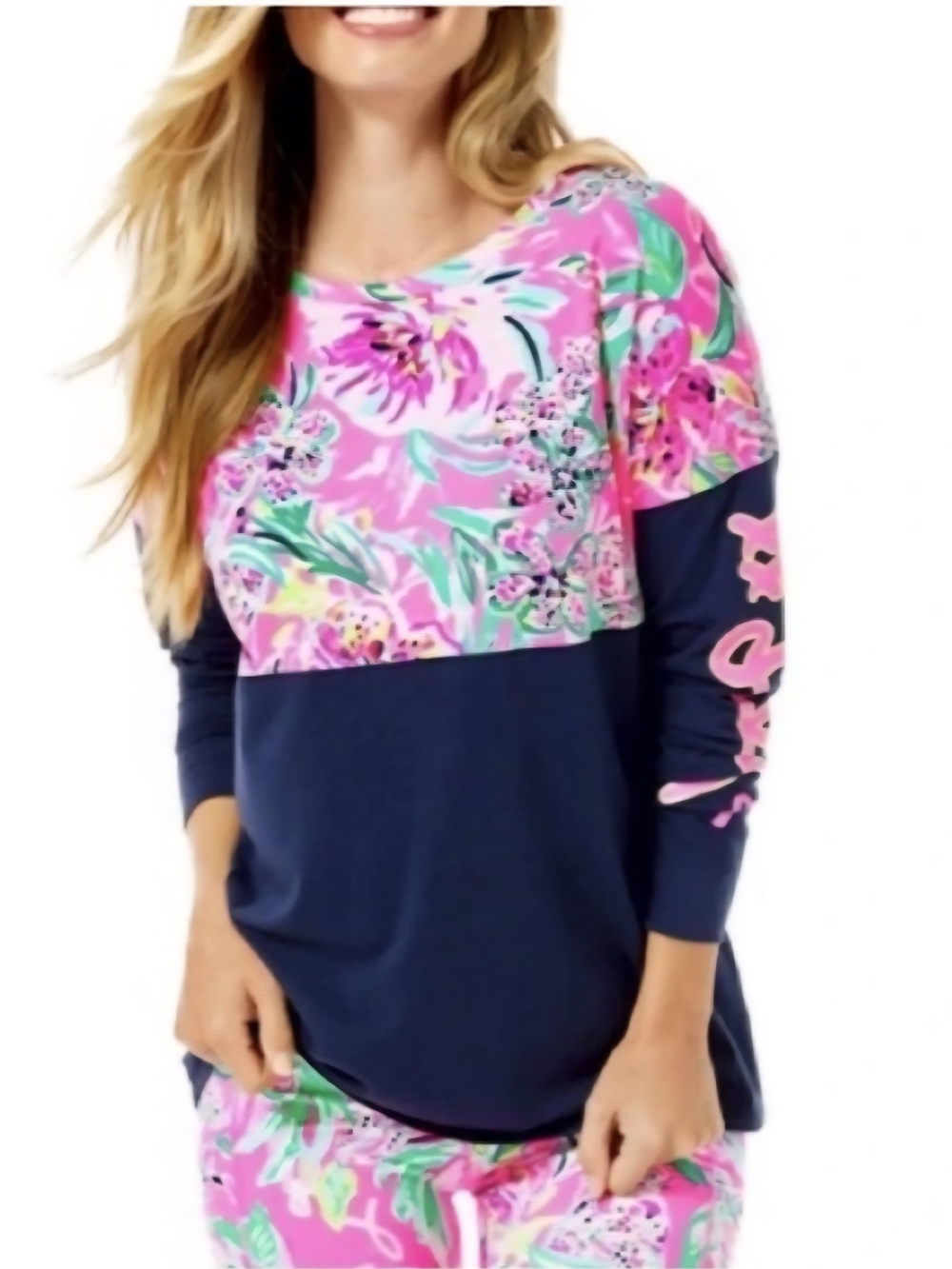 Lilly Pulitzer Women's Finn Long Sleeve Navy /Pink Floral Tee